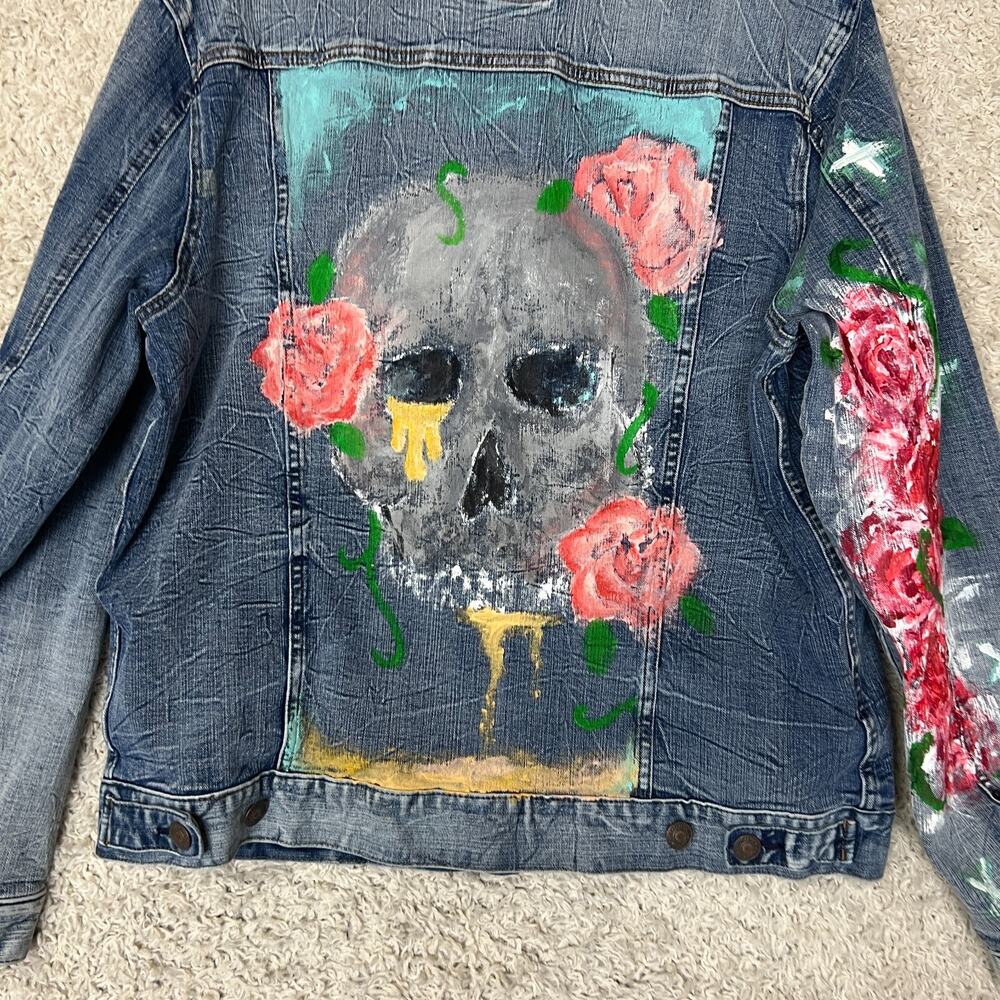 American Eagle Hand Painted Denim Jacket Mens XL Blue Skull Roses Grunge Street - Picture 7 of 12